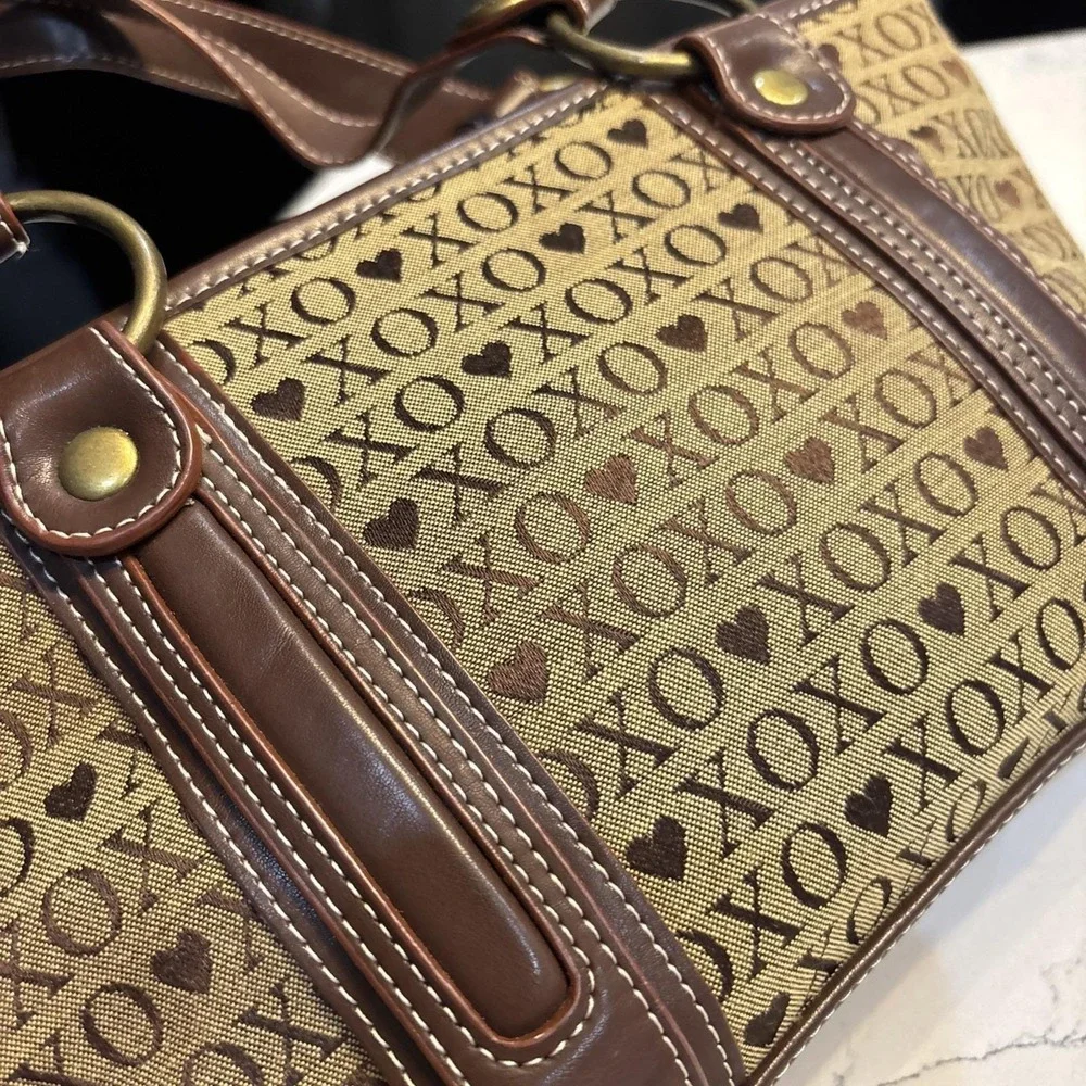 Vintage XOXO Shoulder Bag Purse Brown Canvas Studded Buckles Hobo Handbag Y2K